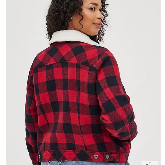 Torrid Red Buffalo Plaid Trucker Jacket 5X - Picture 6 of 7